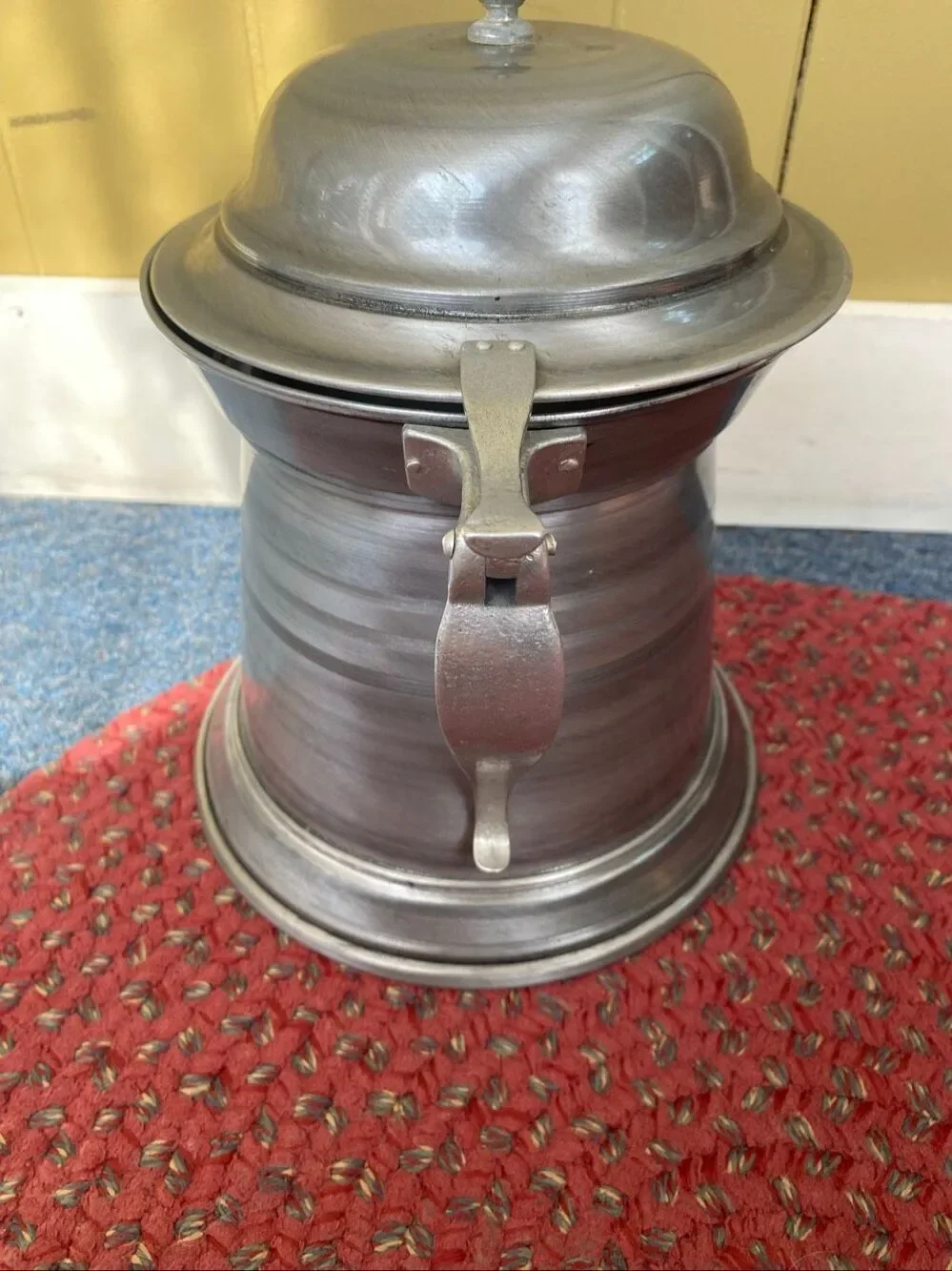 Giant vintage pewter insulated tankard with flip top lid and plastic insert